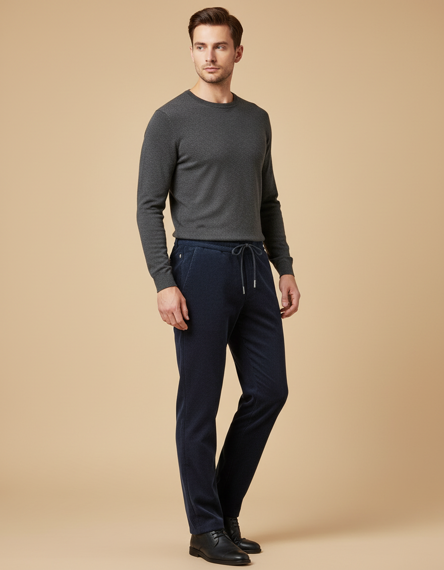 Pantalon Velours Bleu Marine Côtelé Décontracté Cordon Homme - Cordé