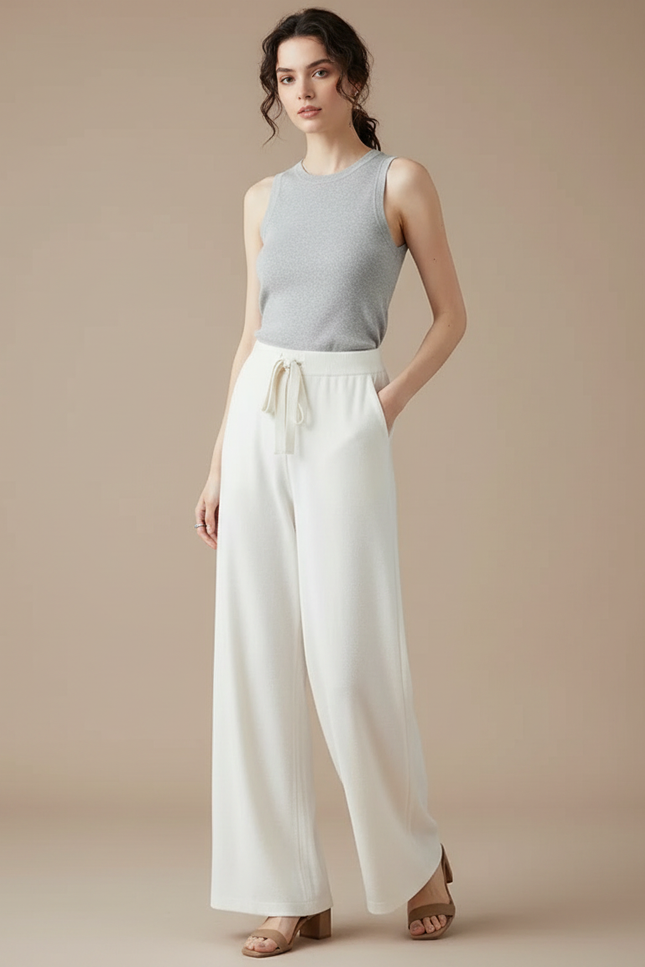 Pantalon Velours Crème Ample Décontracté Confortable Cordon - Blanc