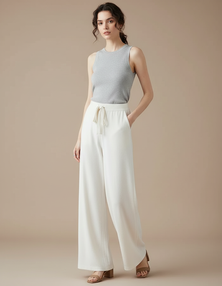 Pantalon Velours Crème Ample Décontracté Confortable Cordon - Blanc