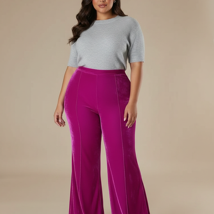 Pantalon Velours Fuschia Évasé Taille Haute Élégant - Rose