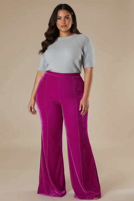 Pantalon Velours Fuschia Évasé Taille Haute Élégant - Rose