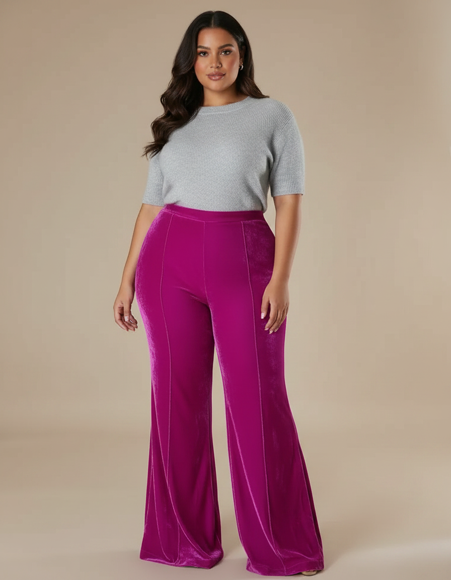 Pantalon Velours Fuschia Évasé Taille Haute Élégant - Rose