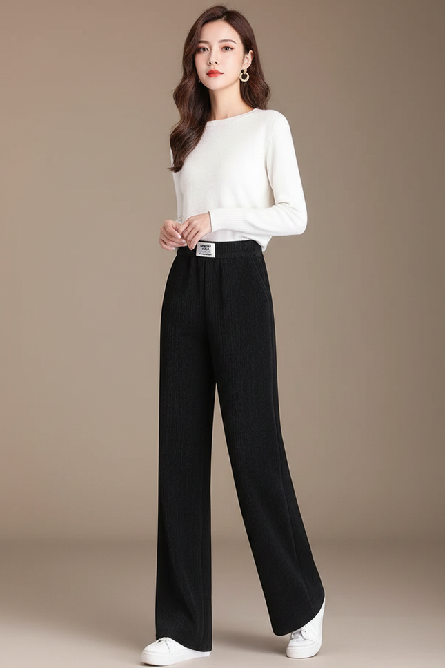 Pantalon Velours Noir Ample Taille Haute Thermique