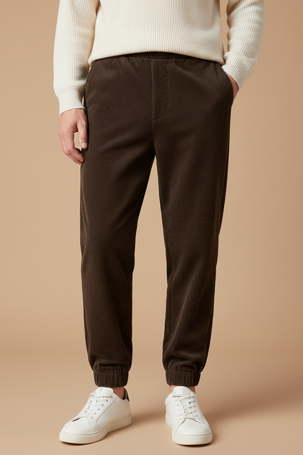 Pantalon Velours Côtelé Marron Élastiqué Décontracté Homme - Cordé