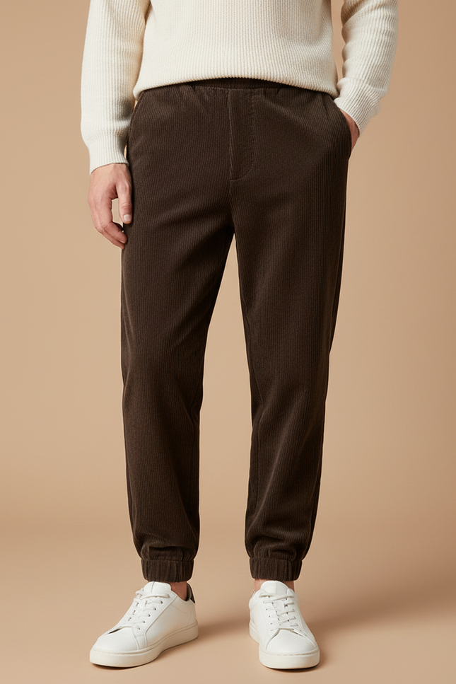 Pantalon Velours Côtelé Marron Élastiqué Décontracté Homme - Cordé