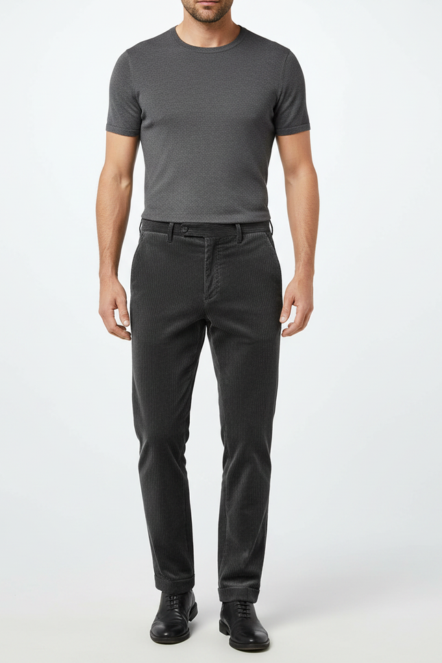 Pantalon Velours Côtelé Homme Gris Foncé Slim Élégant - Cordé
