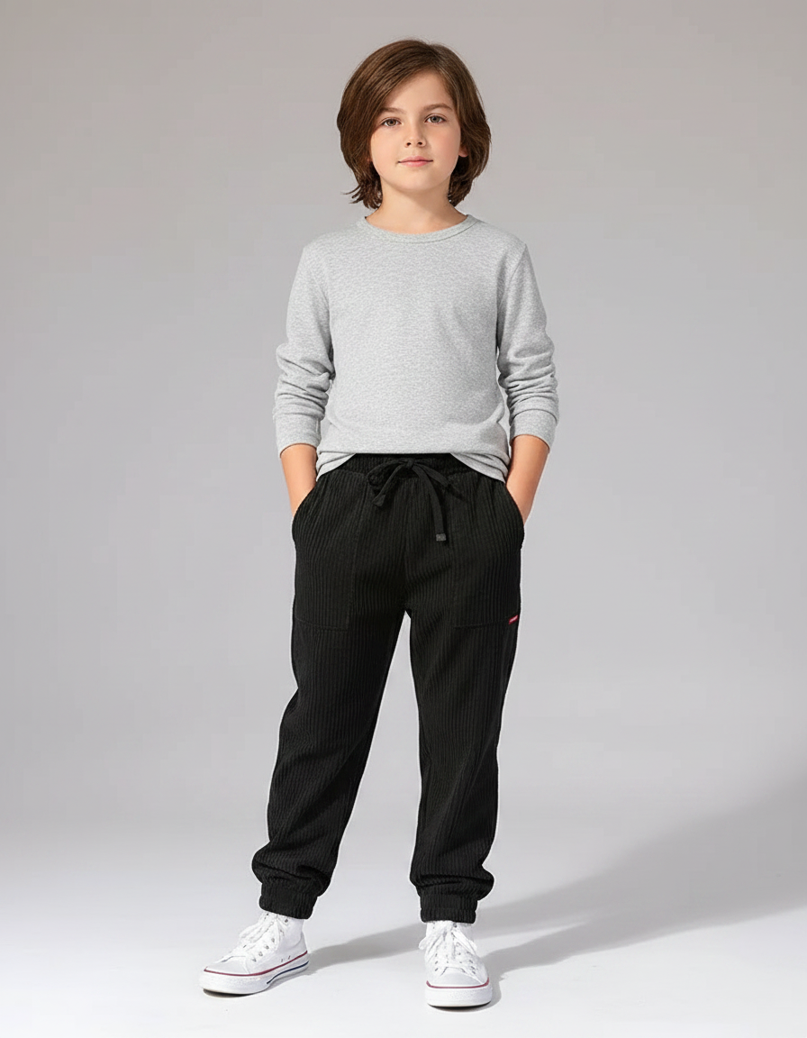 Pantalon Velours Noir Côtelé Jogger Garçon Confortable