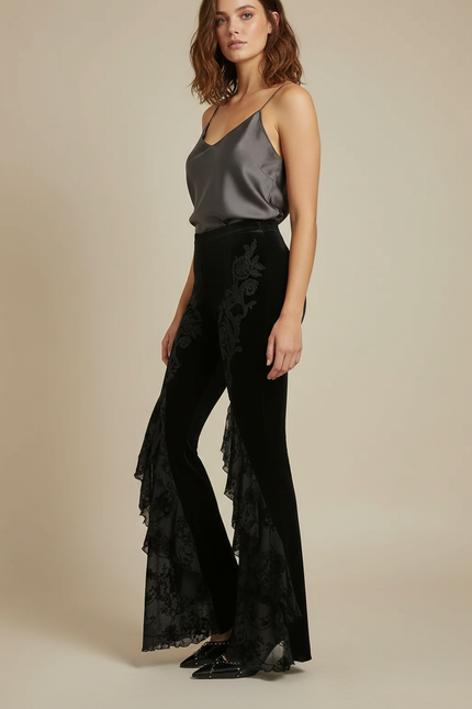 Pantalon Velours Noir Évasé Broderie Dentelle Femme