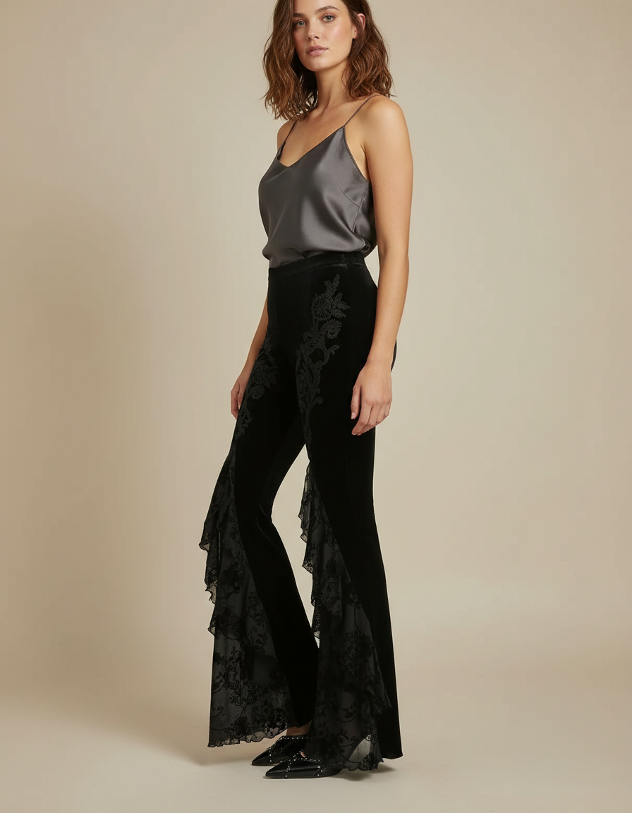 Pantalon Velours Noir Évasé Broderie Dentelle Femme