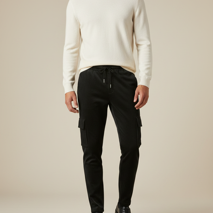 Pantalon Velours Côtelé Noir Cargo Homme Ajusté - Cordé