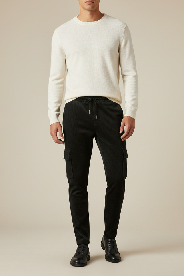 Pantalon Velours Côtelé Noir Cargo Homme Ajusté - Cordé