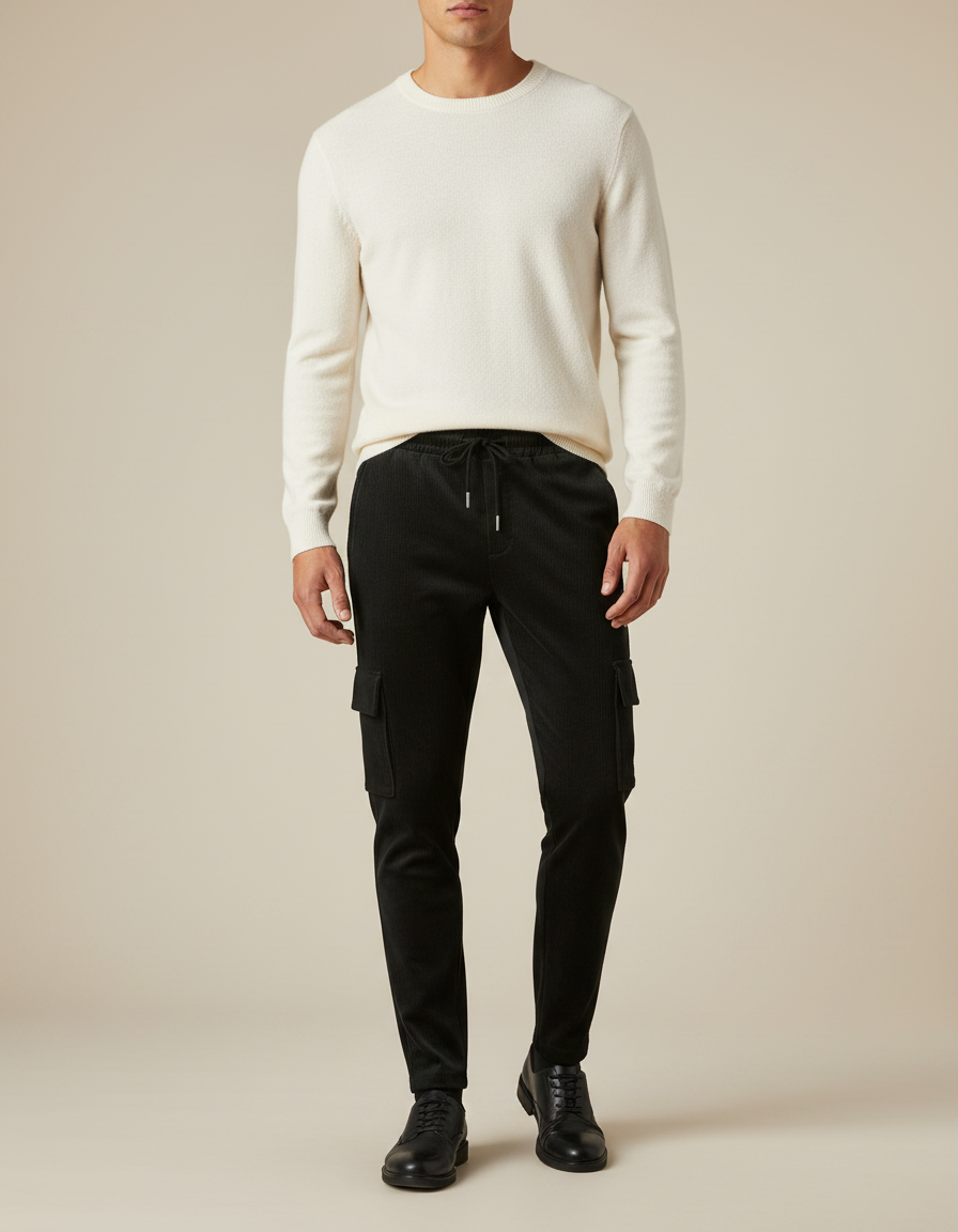 Pantalon Velours Côtelé Noir Cargo Homme Ajusté - Cordé