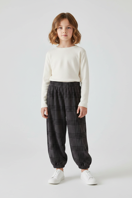 Pantalon Velours Carreaux Gris Ample Élastiqué Enfant