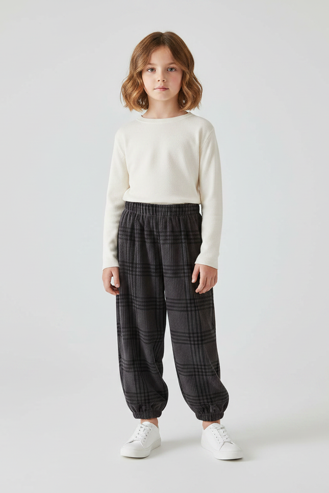 Pantalon Velours Carreaux Gris Ample Élastiqué Enfant