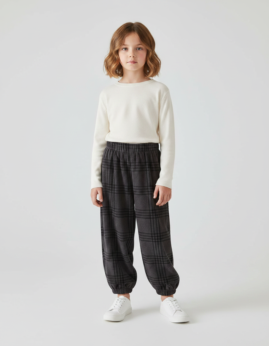 Pantalon Velours Carreaux Gris Ample Élastiqué Enfant