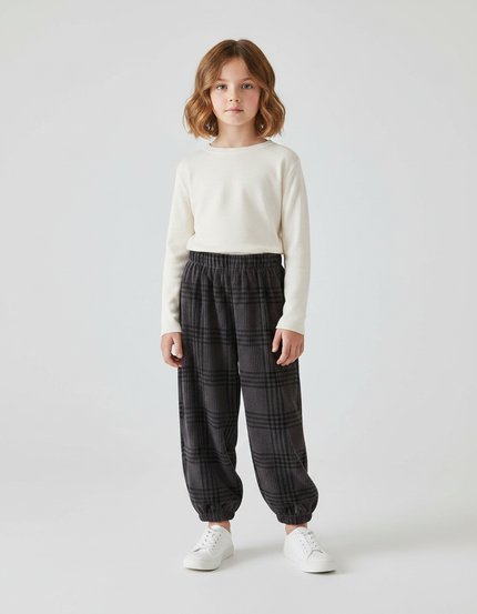 Pantalon Velours Carreaux Gris Ample Élastiqué Enfant