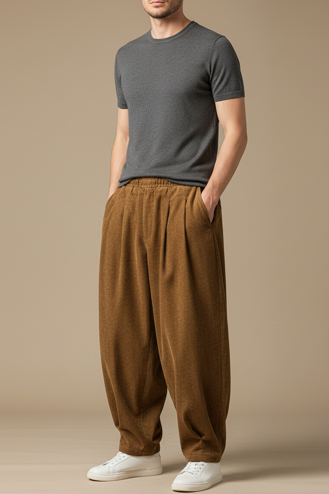 Pantalon Velours Plissé - Marron Cordé