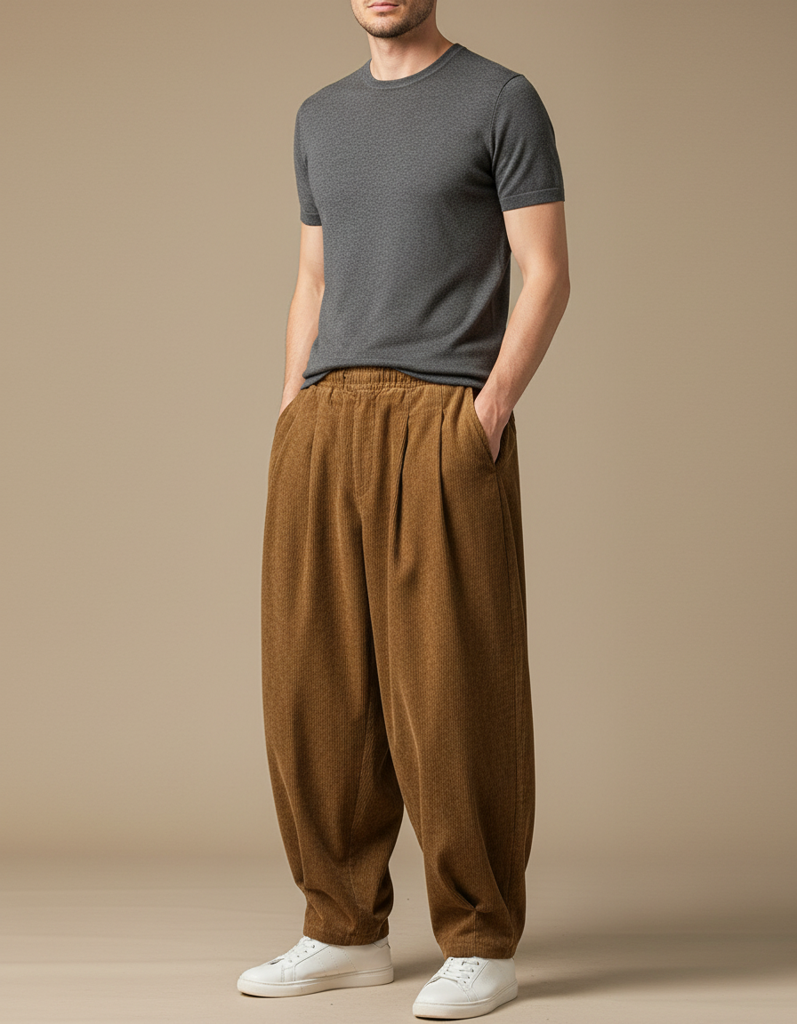Pantalon Velours Plissé - Marron Cordé