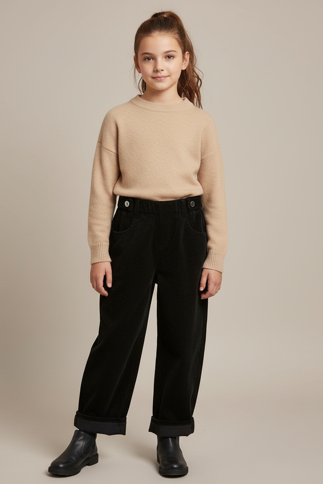 Pantalon Velours Fille Noir Large Côtelé Épais - Cordé