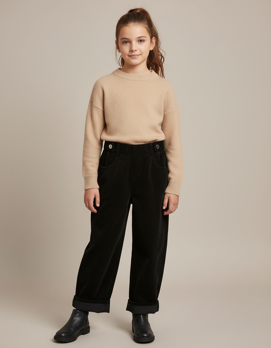 Pantalon Velours Fille Noir Large Côtelé Épais - Cordé