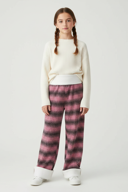Pantalon Velours Rose Rayé Large Fille Hiver - Multicolore