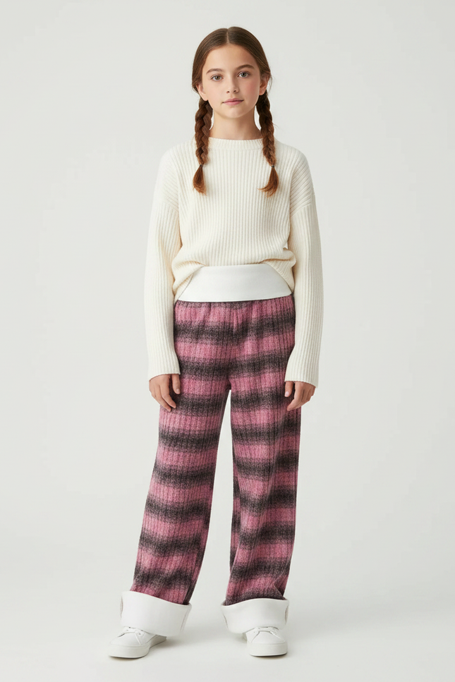 Pantalon Velours Rose Rayé Large Fille Hiver - Multicolore