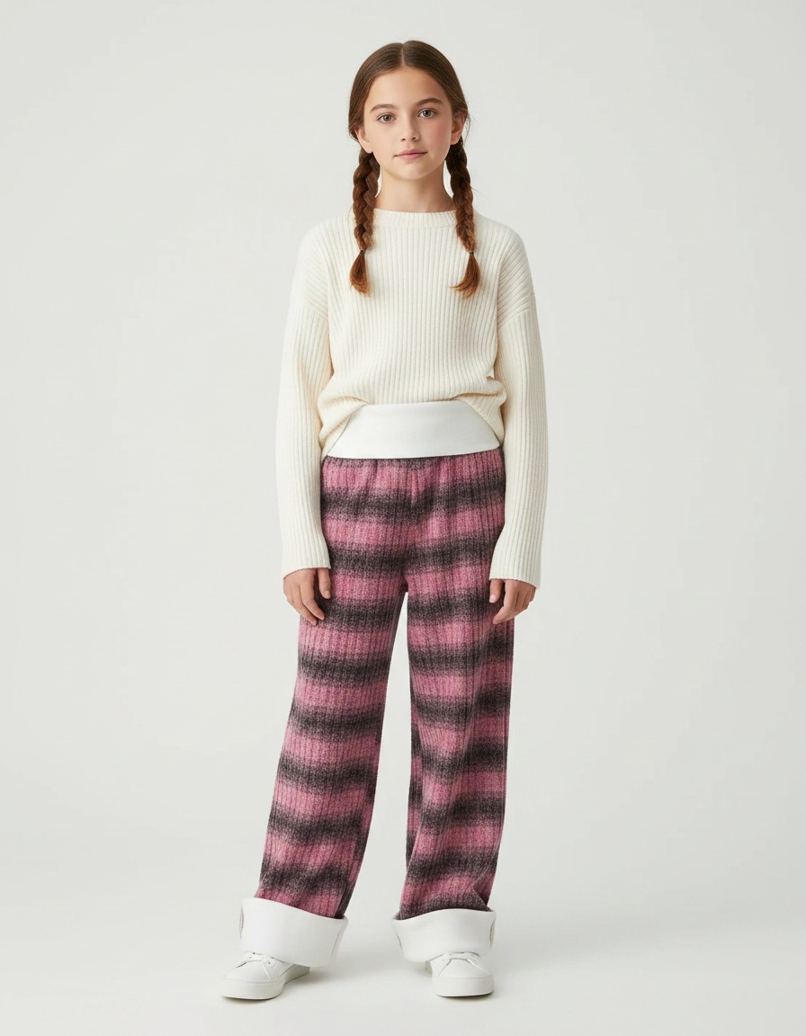 Pantalon Velours Rose Rayé Large Fille Hiver - Multicolore