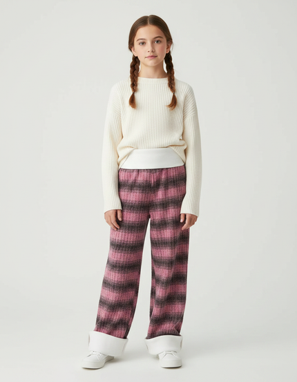 Pantalon Velours Rose Rayé Large Fille Hiver - Multicolore