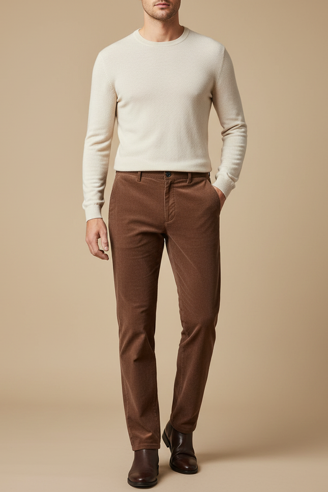 Pantalon Velours Côtelé Marron Droit Élégant Homme - Cordé