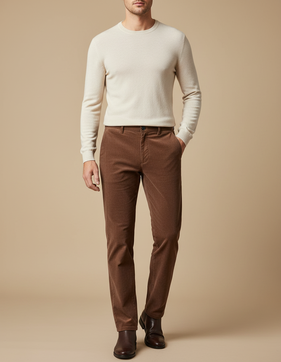 Pantalon Velours Côtelé Marron Droit Élégant Homme - Cordé