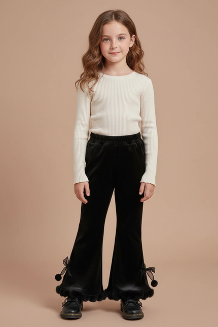 Pantalon Velours Noir Évasé Pompons Fille