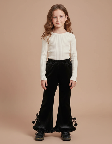 Pantalon Velours Noir Évasé Pompons Fille