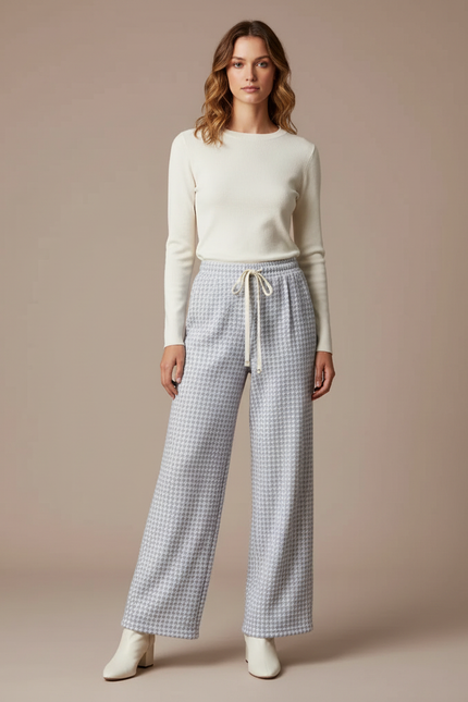 Pantalon Velours Pied-de-poule Écru Ample Confortable Femme - Imprimé Tweed