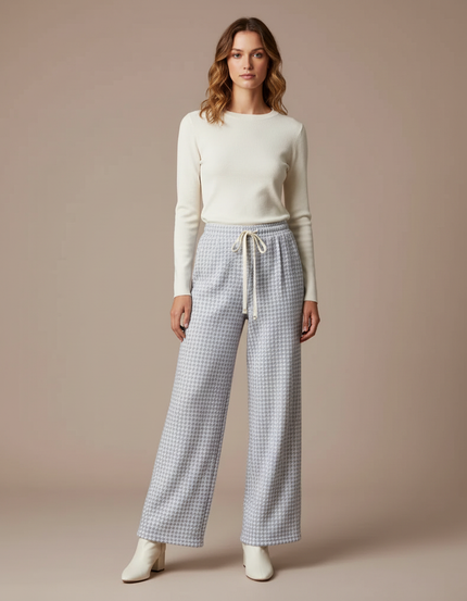 Pantalon Velours Pied-de-poule Écru Ample Confortable Femme - Imprimé Tweed