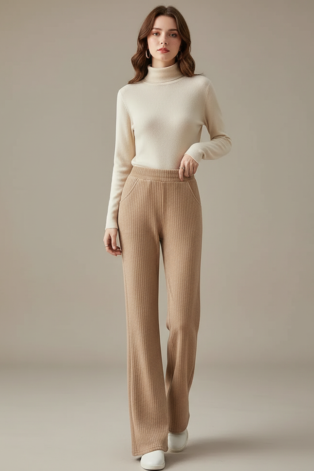 Pantalon Velours Beige Côtelé Évasé Confortable Femme