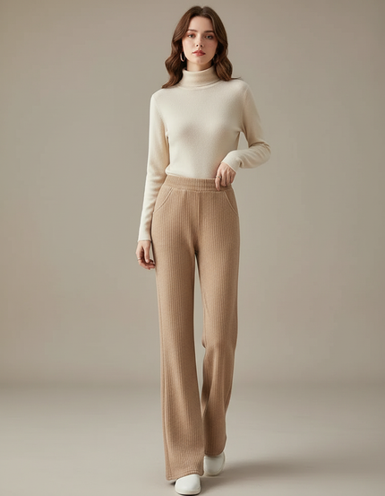 Pantalon Velours Beige Côtelé Évasé Confortable Femme