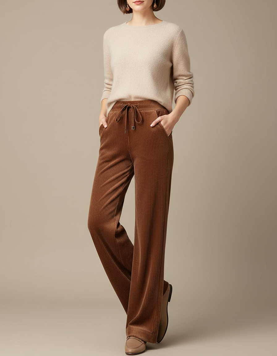 Pantalon Velours Marron Côtelé Ample Confortable Femme - Cordé