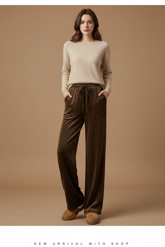 Pantalon Velours Marron Large Doux Décontracté Femme