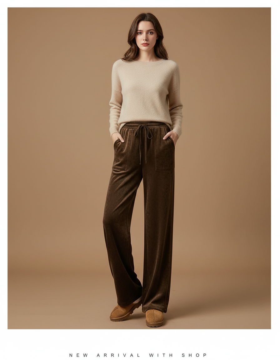 Pantalon Velours Marron Large Doux Décontracté Femme