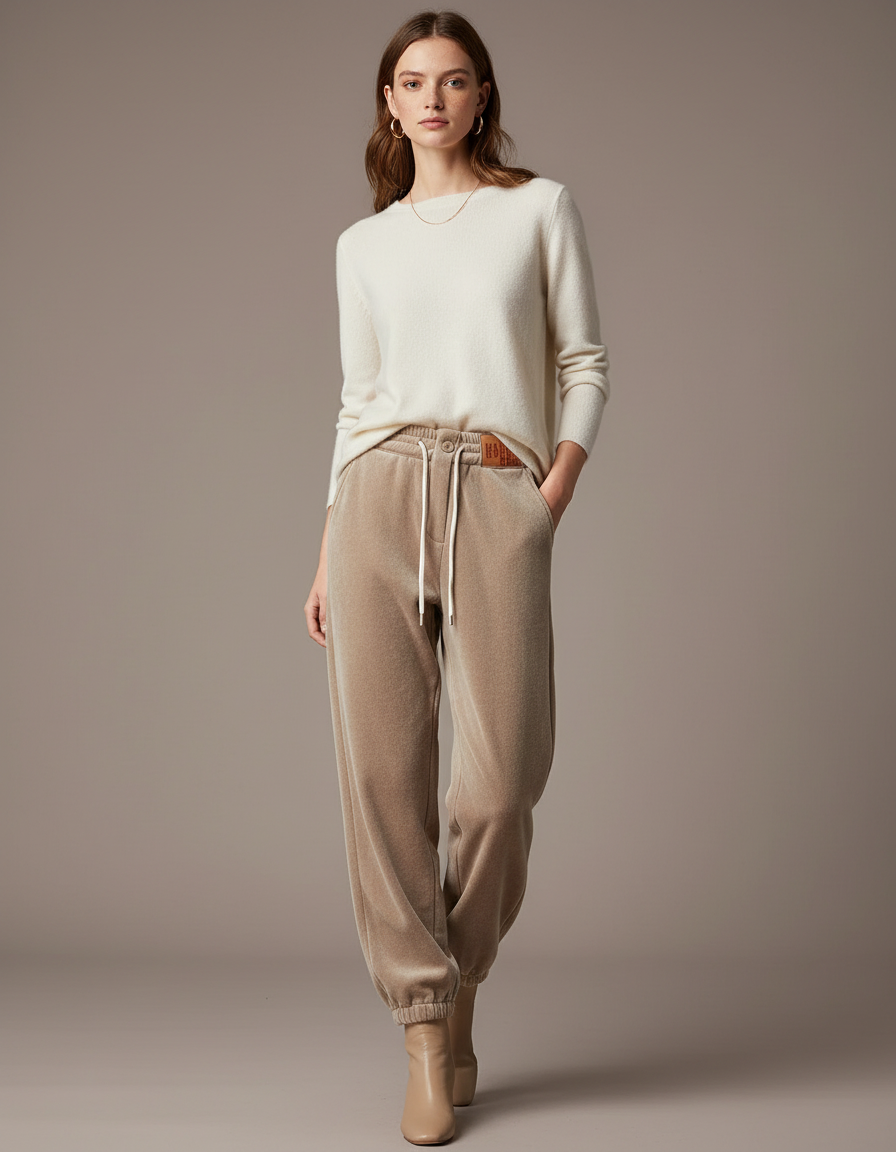 Pantalon Velours Beige Ample Doux Confortable Hiver