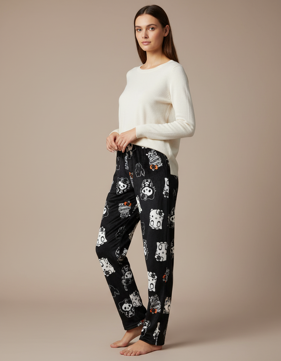Pantalon Velours Noir Ample Flannel Hello Kitty