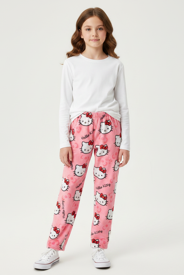 Pantalon Velours Rose Hello Kitty Doux Décontracté Enfant