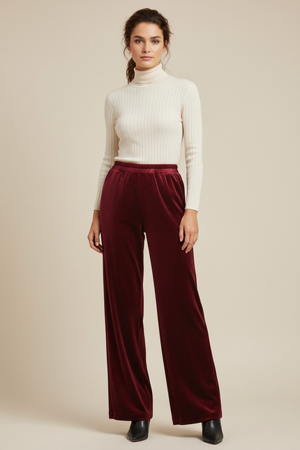 Pantalon Velours Bordeaux Ample Fluide Élégant Femme