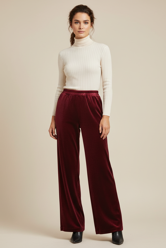 Pantalon Velours Bordeaux Ample Fluide Élégant Femme