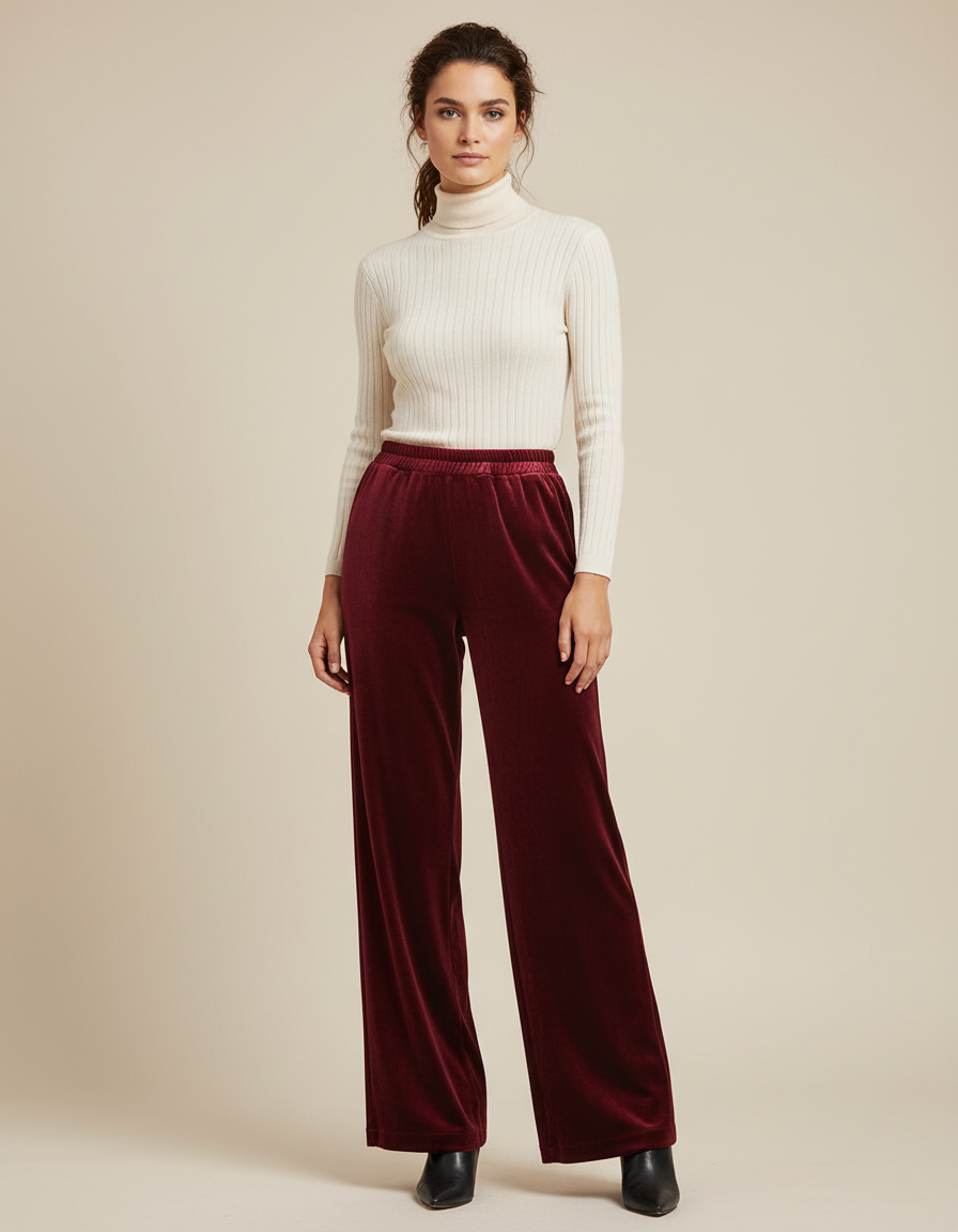 Pantalon Velours Bordeaux Ample Fluide Élégant Femme