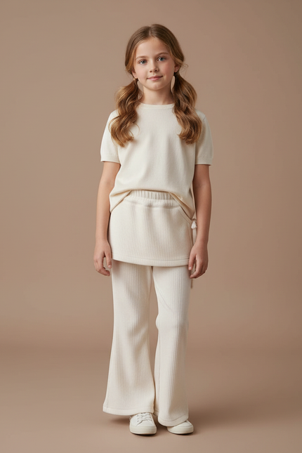 Pantalon Velours Crème Côtelé Évasé Enfant Confortable - Beige Cordé