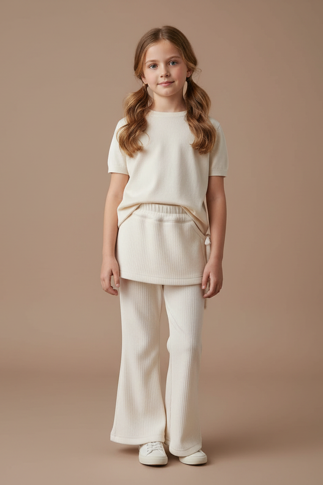 Pantalon Velours Crème Côtelé Évasé Enfant Confortable - Beige Cordé