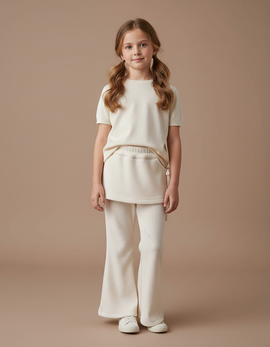 Pantalon Velours Crème Côtelé Évasé Enfant Confortable - Beige Cordé