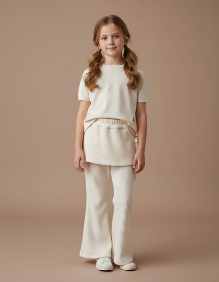Pantalon Velours Crème Côtelé Évasé Enfant Confortable - Beige Cordé