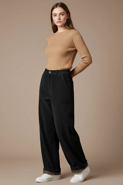 Pantalon Boyfriend Velours Femme - Noir Cordé
